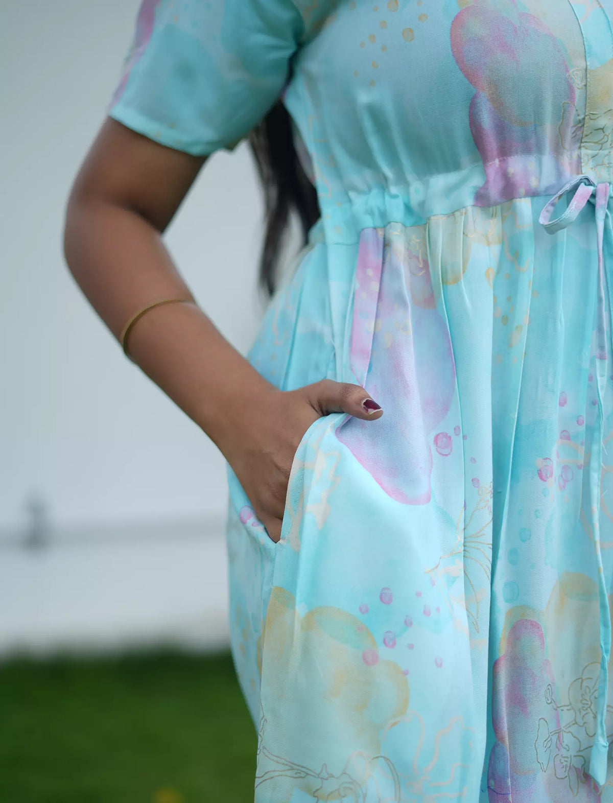 Rayon Abstract Print Foil Gathering Maxi with Puff Sleeve - Mangai Nighties