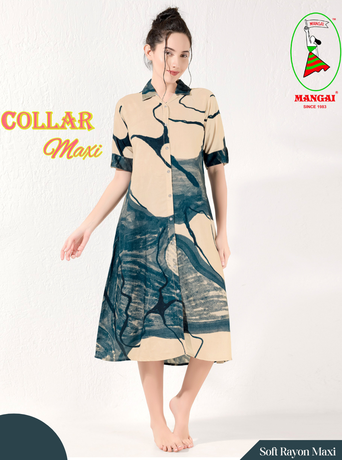 MANGAI Premium Rayon Collar MAXI Nighty for Women | Long Sleeve Stylish Nightwear for Women and Teenager | Perfect Stylish Nightwear (CM)