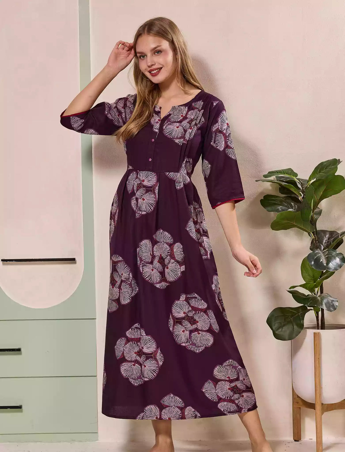 Floral Print Kurti Style Long Sleeve with Pocket – Mangai Nighties