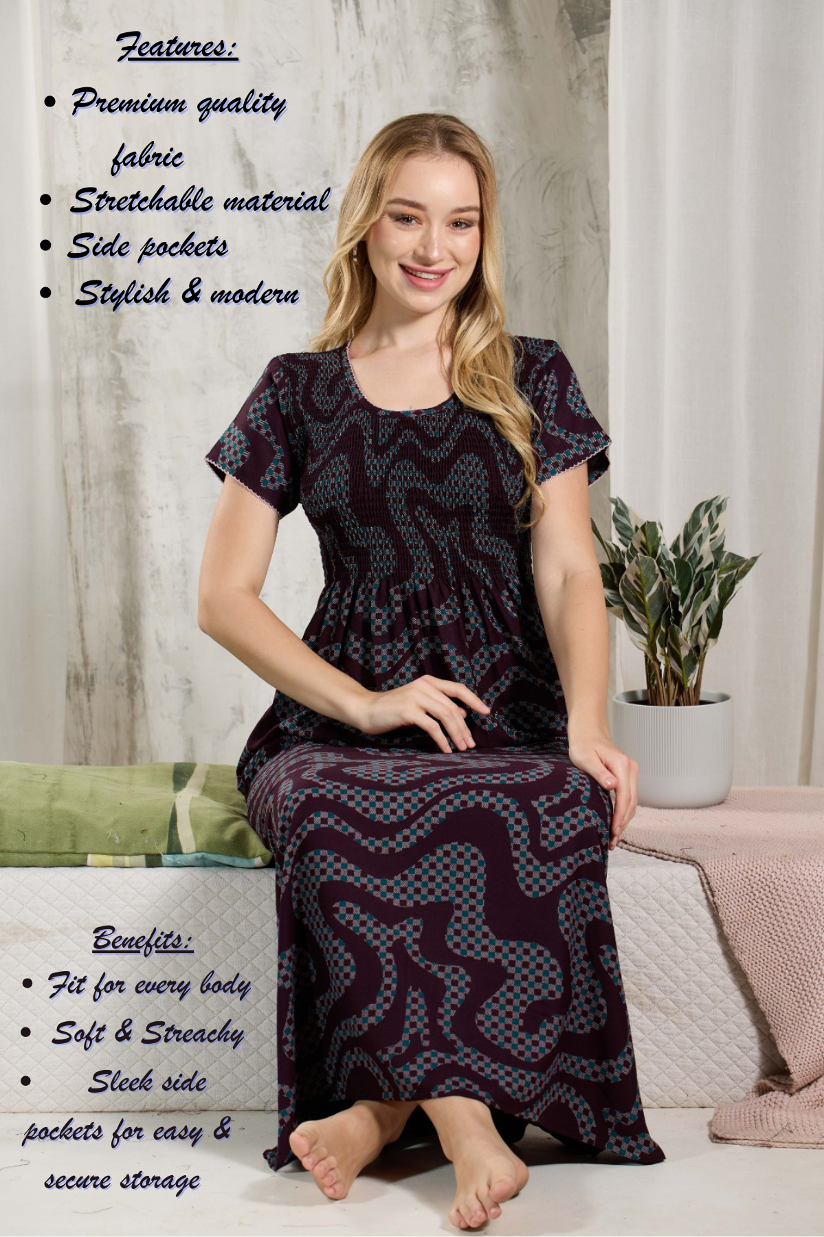 ALPINE Smocking Nighty | Beautiful Pleated Design | Side Pocket | Stylish Nighty for Trendy Women's | Your Perfect Nightwear Collection's (ALS)