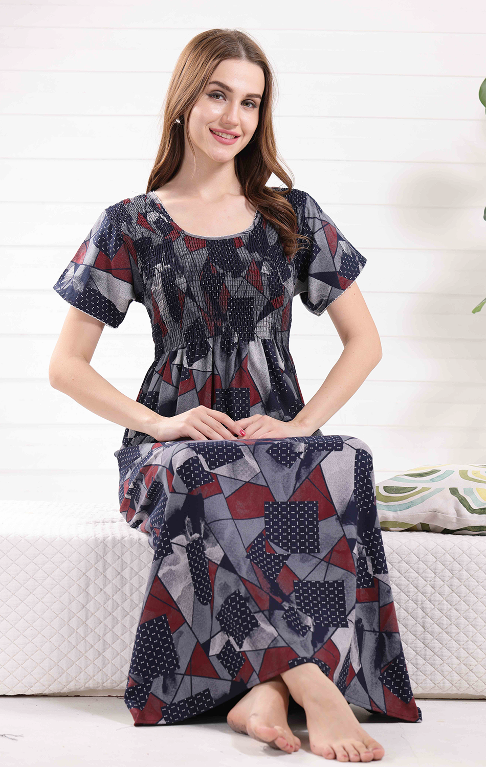 New Arrivals ALPINE Smocking Nighty | Beautiful Pleated Design | Side Pocket | Stylish Nighty for Trendy Women's | Your Perfect Nightwear Collection's (ALS)