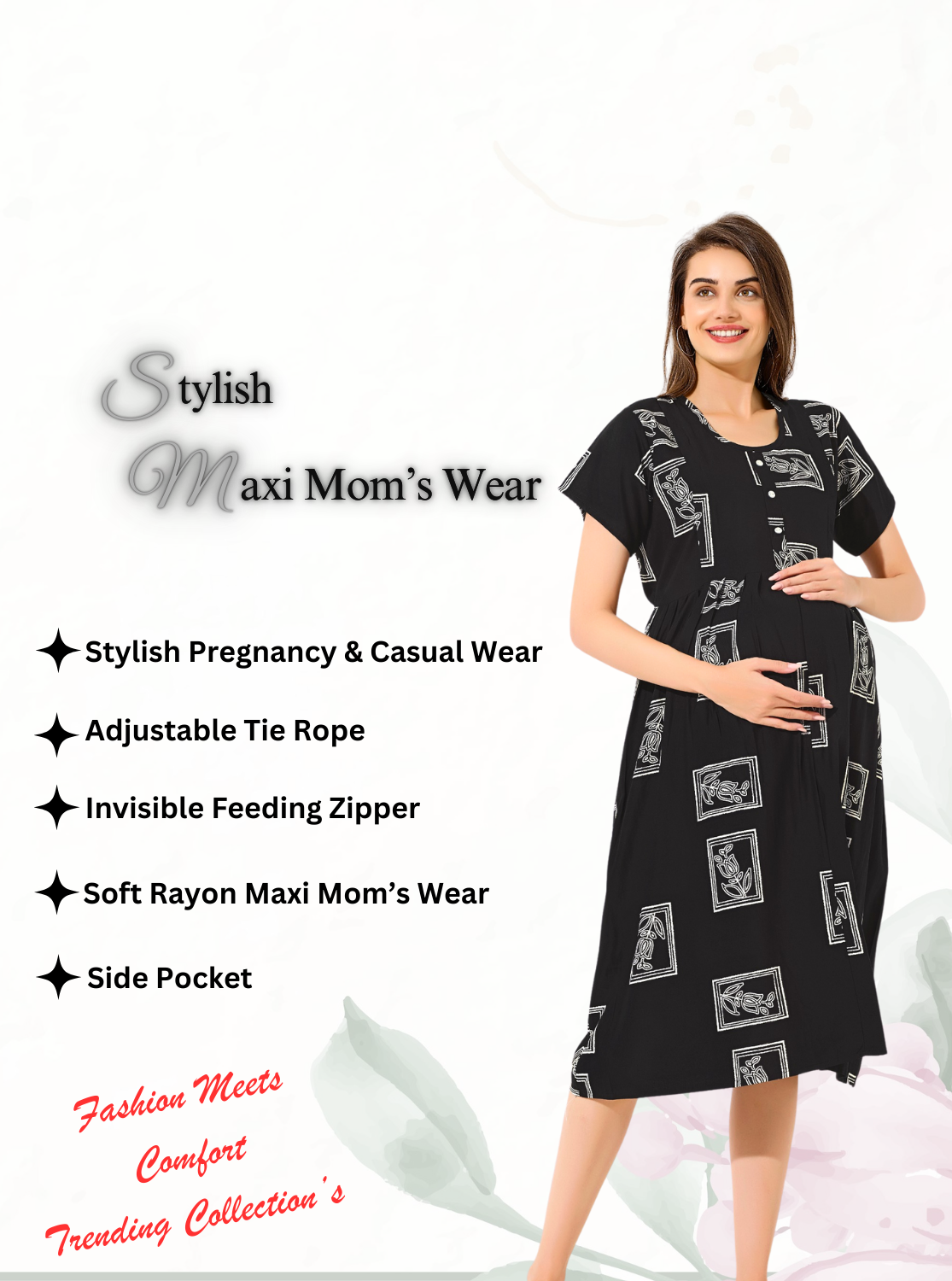 MANGAI Rayon 4-IN-ONE MAXI Mom's Feeding & Casual Wear | Stylish Maxi Style | Invisible Feeding Zipper | Perfect Pre & Post Pregnancy Wear (FIO-MXI)