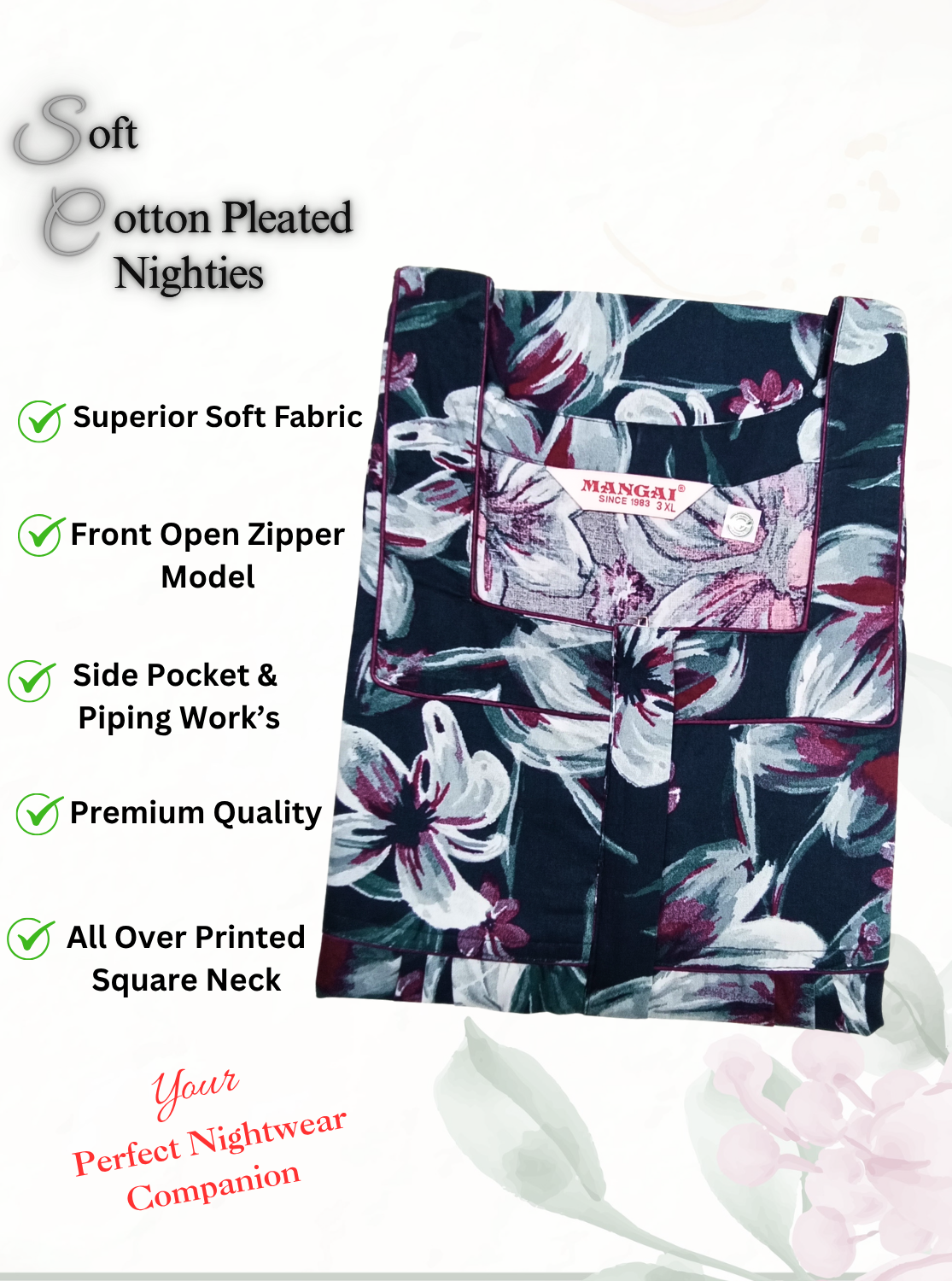 MANGAI Premium Cotton Printed Pleated Model Half Sleeve 3XL Size Nighties - Fancy Neck | With Side Pocket |Shrinkage Free Nighties | Trendy Collection's for Stylish Women's (3PZZ)