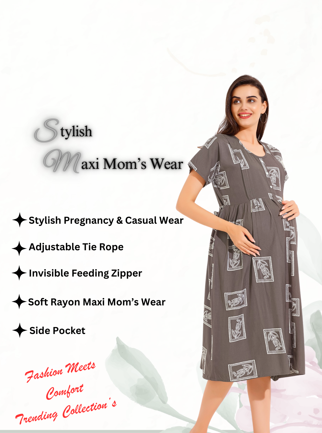 MANGAI Rayon 4-IN-ONE MAXI Mom's Feeding & Casual Wear | Stylish Maxi Style | Invisible Feeding Zipper | Perfect Pre & Post Pregnancy Wear (FIO-MXI)