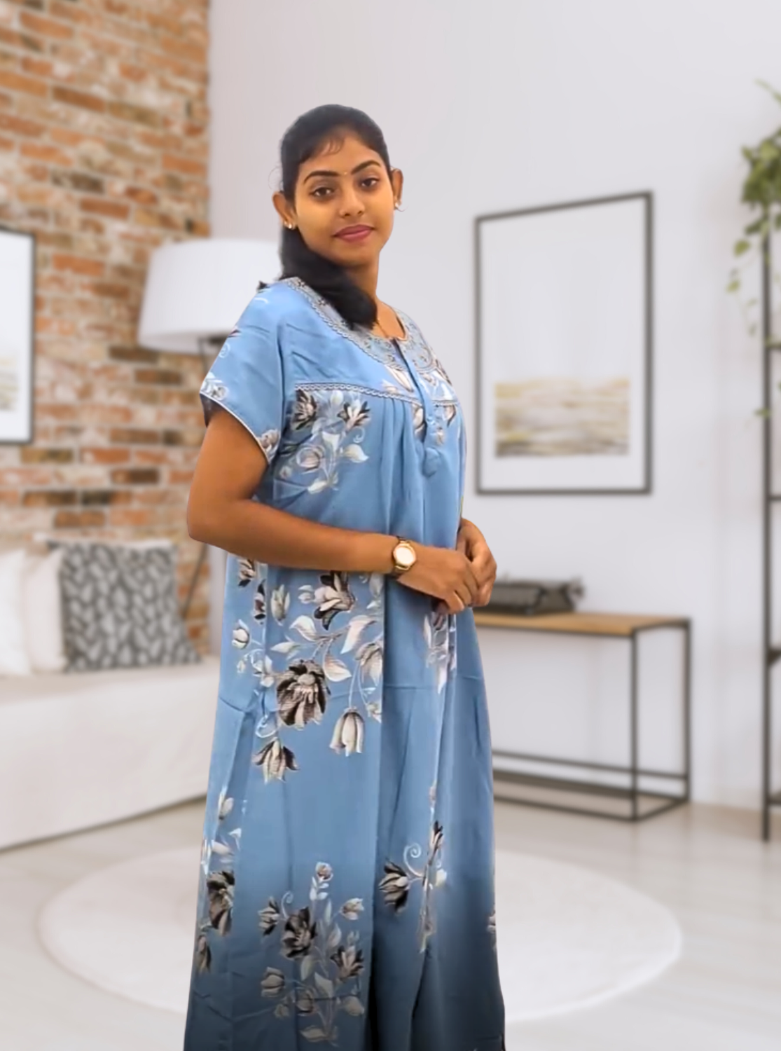 MANGAI Alpine Premium Embroidery Work Nighty for Women | Zipless Pleated Model | Beautiful Printed Design | Comfortable Premium Nightwear (CMC)