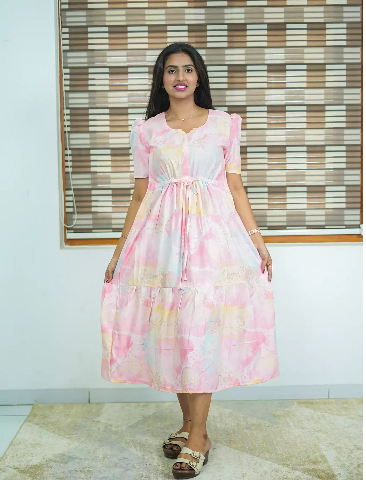 Rayon Abstract Print Foil Gathering Maxi with Puff Sleeve - Mangai Nighties