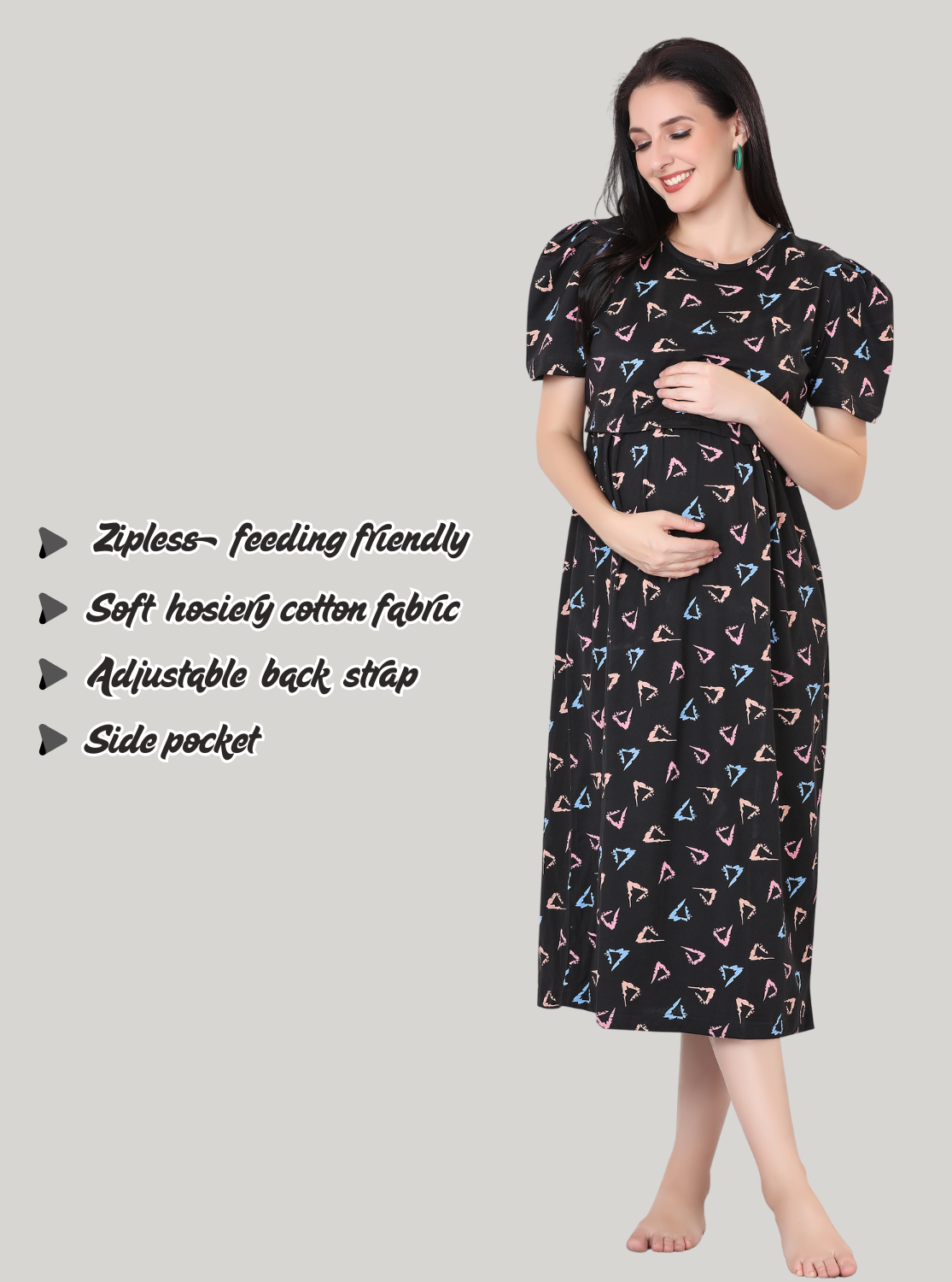 New HOSIERY Cotton Zipless Feeding Wear | Fancy Sleeve with Round Neck | Flap Open Zipless Feeding wear for Pregnancy Women (MMG)