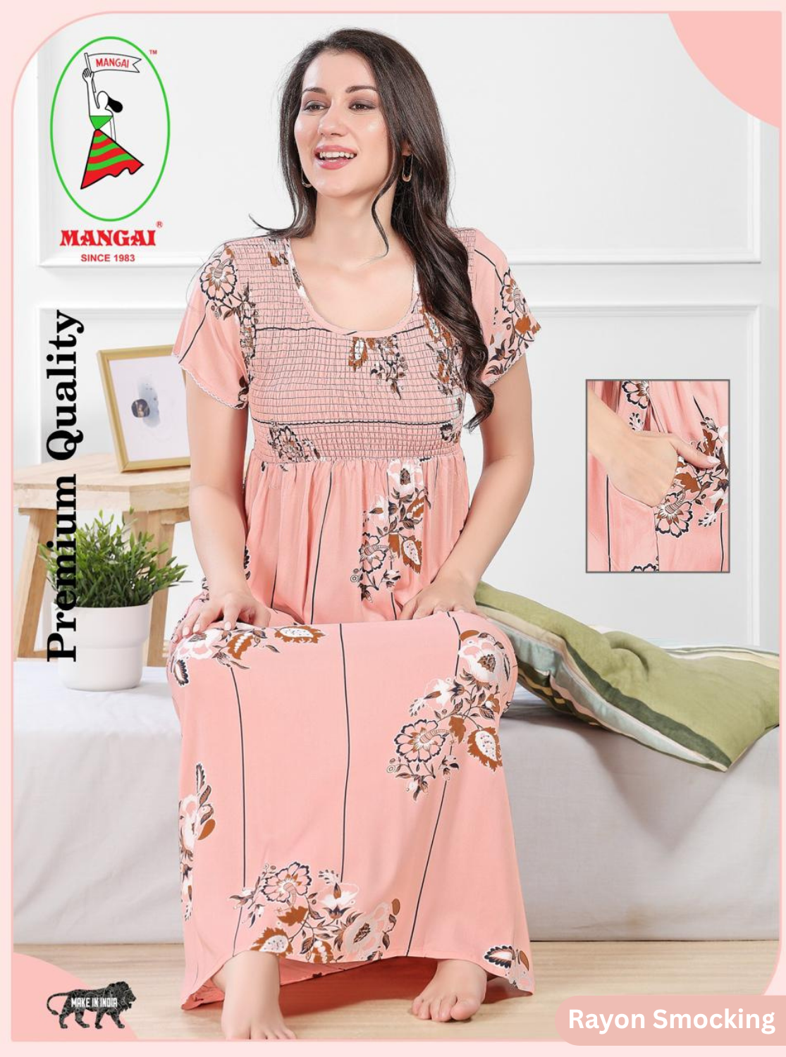 MANGAI Premium RAYON Smocking Nighty | Beautiful Pleated Design | Side Pocket | Stylish Nighty for Trendy Women's | Your Perfect Nightwear Collection's (RYS)
