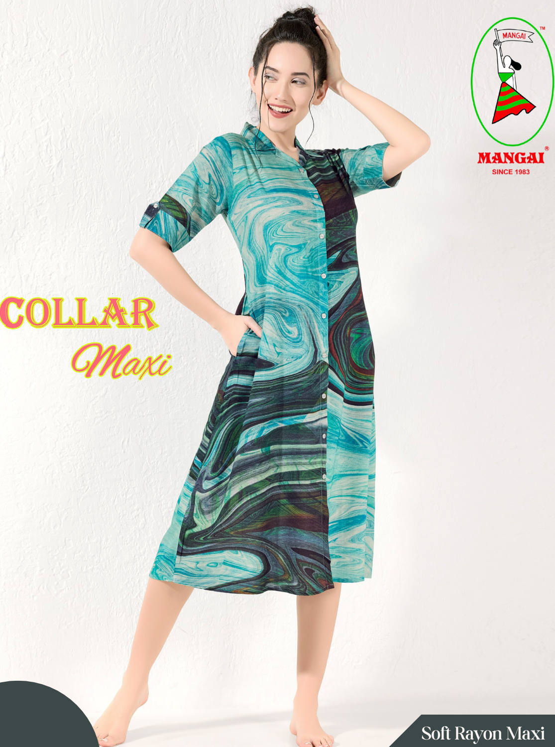 MANGAI Premium Rayon Collar MAXI Nighty for Women | Long Sleeve Stylish Nightwear for Women and Teenager | Perfect Stylish Nightwear (CM)