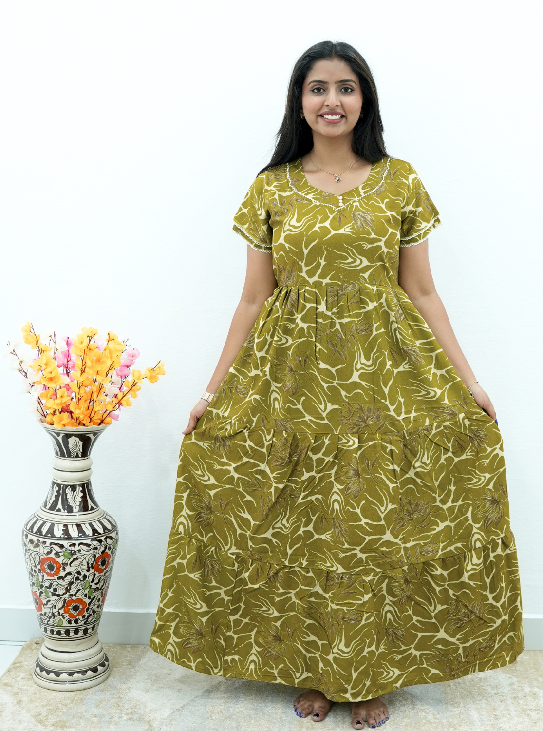 Premium Alpine 3-Layer Slate Geometric Maxi Frock – Double Layer Flutter Sleeves with Square Neck & Adjustable Back Tie