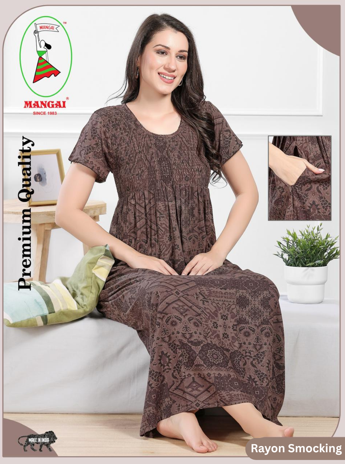 MANGAI Premium RAYON Smocking Nighty | Beautiful Pleated Design | Side Pocket | Stylish Nighty for Trendy Women's | Your Perfect Nightwear Collection's (RYS)