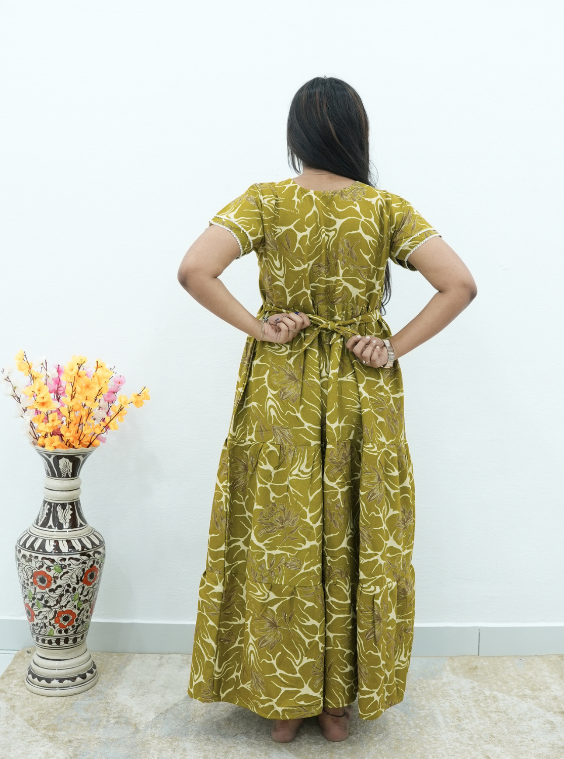 Premium Alpine 3-Layer Slate Geometric Maxi Frock – Double Layer Flutter Sleeves with Square Neck & Adjustable Back Tie
