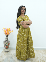 Premium Alpine 3-Layer Slate Geometric Maxi Frock – Double Layer Flutter Sleeves with Square Neck & Adjustable Back Tie