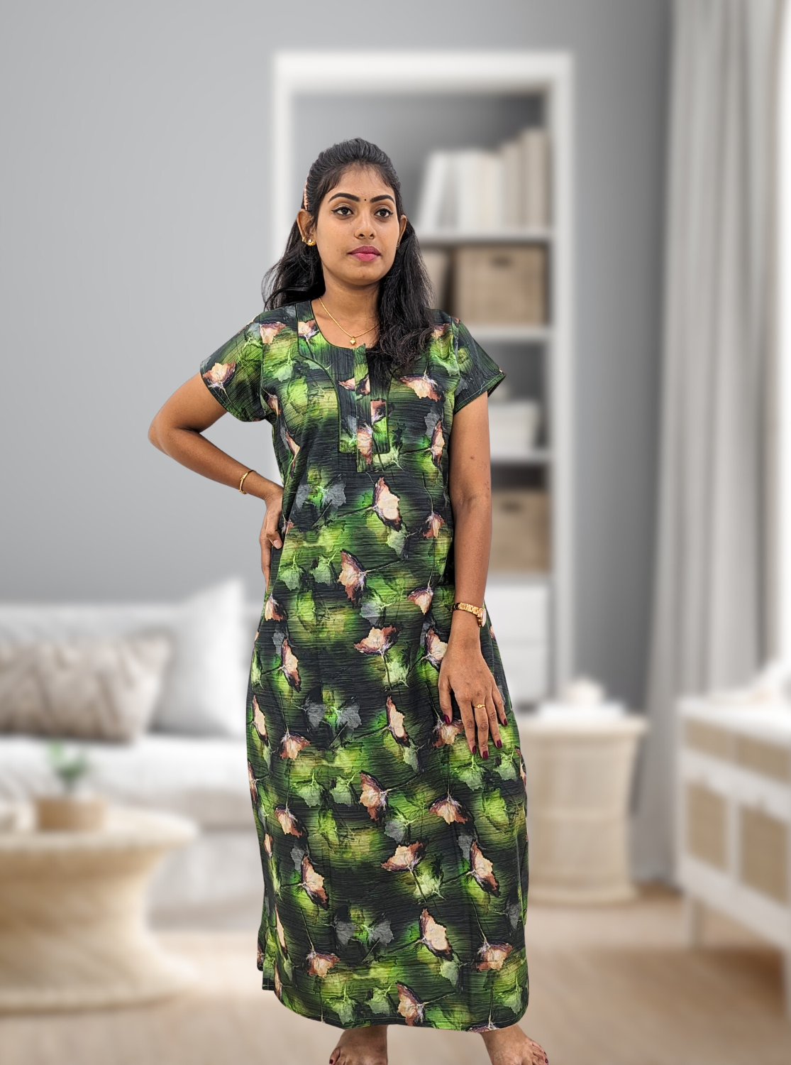 MANGAI New Regular Fit Cotton Printed Nighties - All Over Printed Stylish Nightwear for Stylish Women | Side Cut Pocket | Beautiful Nighties for Stylish Women's | Colourful Printed Cotton Nighties (CMC)