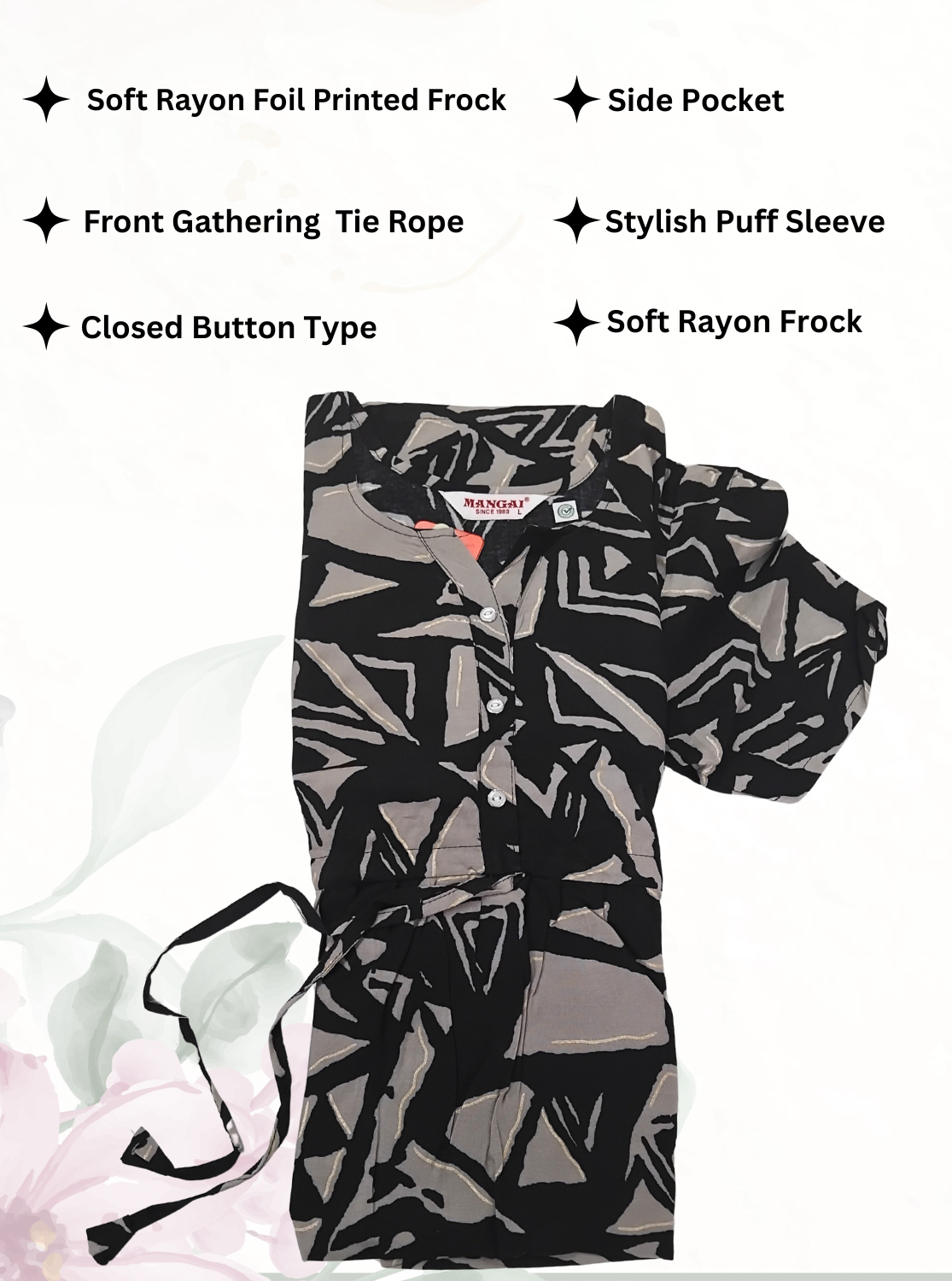 Rayon Colourful Foil Printing Gathering Frock Model Nighties | Side Pocket and Gathering Front Rope | Fancy Sleeve & Maxi Frock Nightwear for Stylish Women's (FGF)