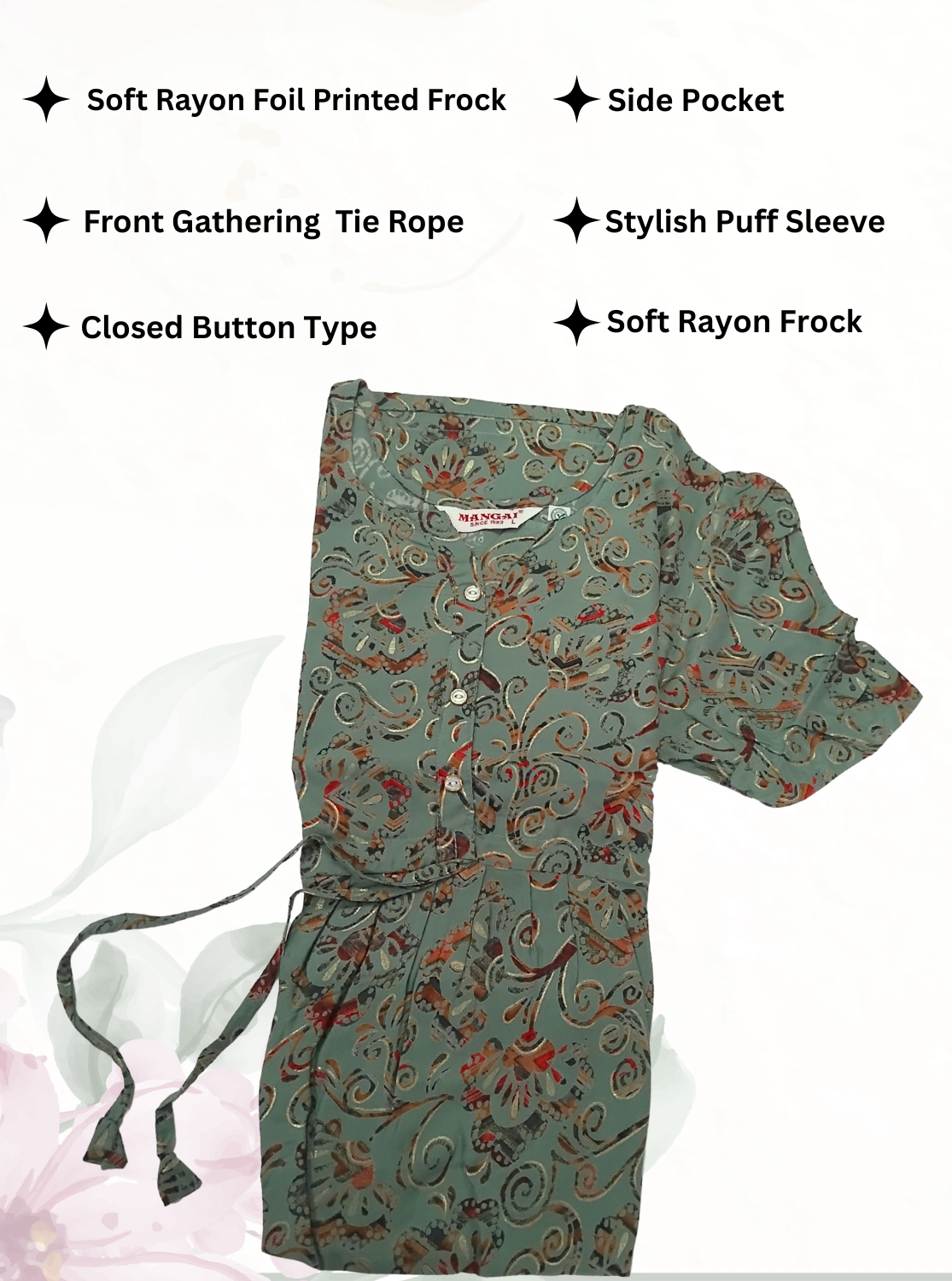 Rayon Colourful Foil Printing Gathering Frock Model Nighties | Side Pocket and Gathering Front Rope | Fancy Sleeve & Maxi Frock Nightwear for Stylish Women's (FGF)