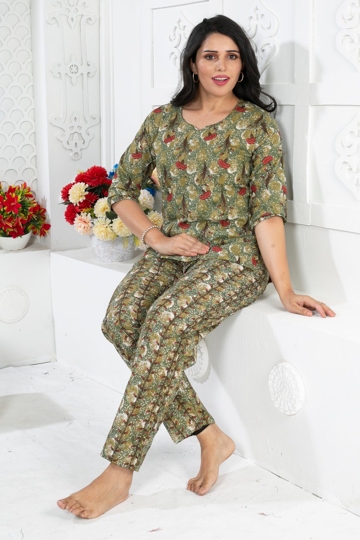 MANGAI Premium Cotton Printed Night Suits | Stylish Print's All Over | Top & Bottom Set | 3/4 Sleeve | Trendy Night Suits for Stylish Women's (CNS)
