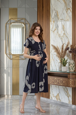 Black Printed Rayon Maternity Maxi Dress with Feeding Zipper | Adjustable Tie-Up | Soft Breathable Pregnancy & Nursing Wear (FIO-M)