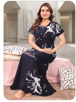 Women's Rayon Pleated Nightwear – Elegant Floral Print Maxi Nighty with Fancy Lace Neck & Side Pocket Nighty