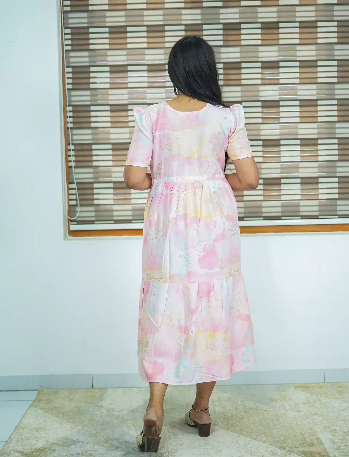 Rayon Abstract Print Foil Gathering Maxi with Puff Sleeve - Mangai Nighties