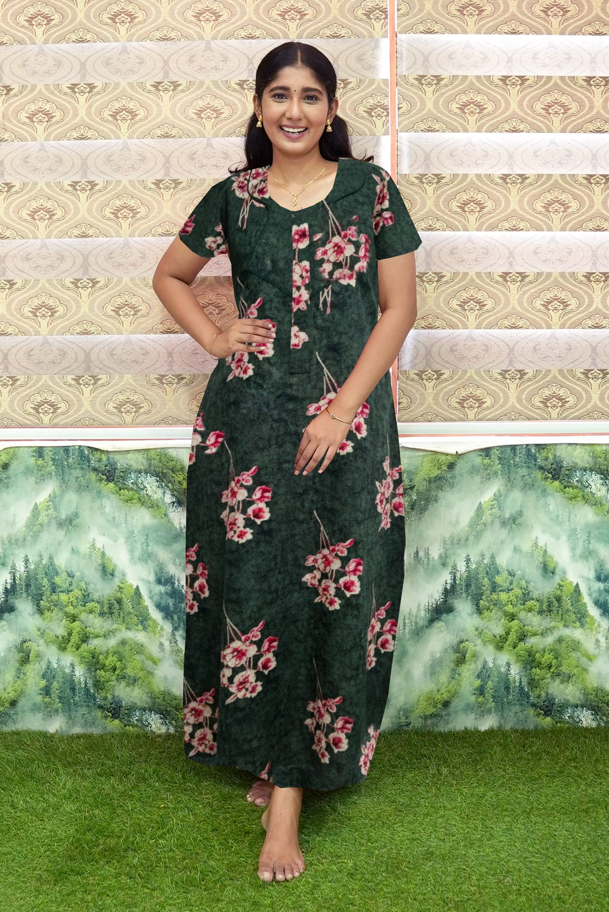 MANGAI Premium Cotton 60Inch Nighties - Fancy Neck | With Side Pocket | Shrinkage Free Nighties | Stylish Collection's for Trendy Women's - (60IN-FFN)