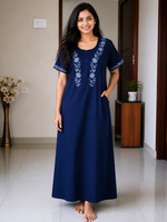 ALPINE Women’s Soft Cotton Embroidered Nighty – Purple Full Length Comfort Fit Night Dress with Side Pocket & Round Neck (HCC)
