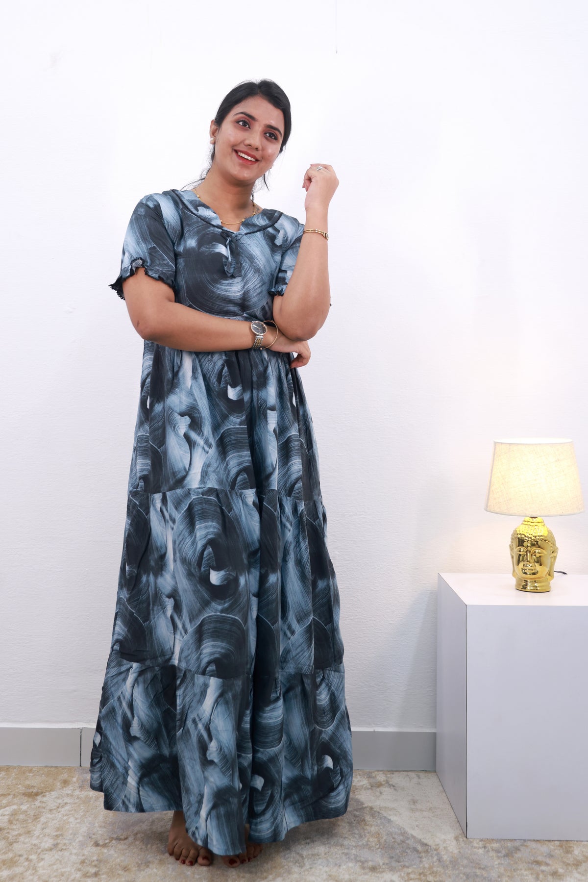 Mangai 3 Layer Frock Model Nighties Soft and Smooth Premium Quality Rayon Material , Fancy Frilled Sleeve Side Pocket , Back tie Rope Stylish Collection's for Trendy Women's (MRK)