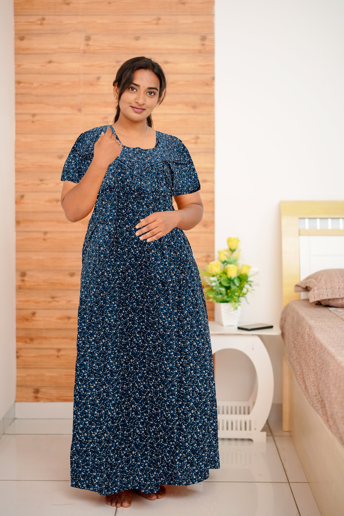 MANGAI Cotton Straight Zip Feeding Nighty |Post Pregnancy | Comfort and Style | Pleated Model | Soft Cotton Feeding Nighties (PSF)