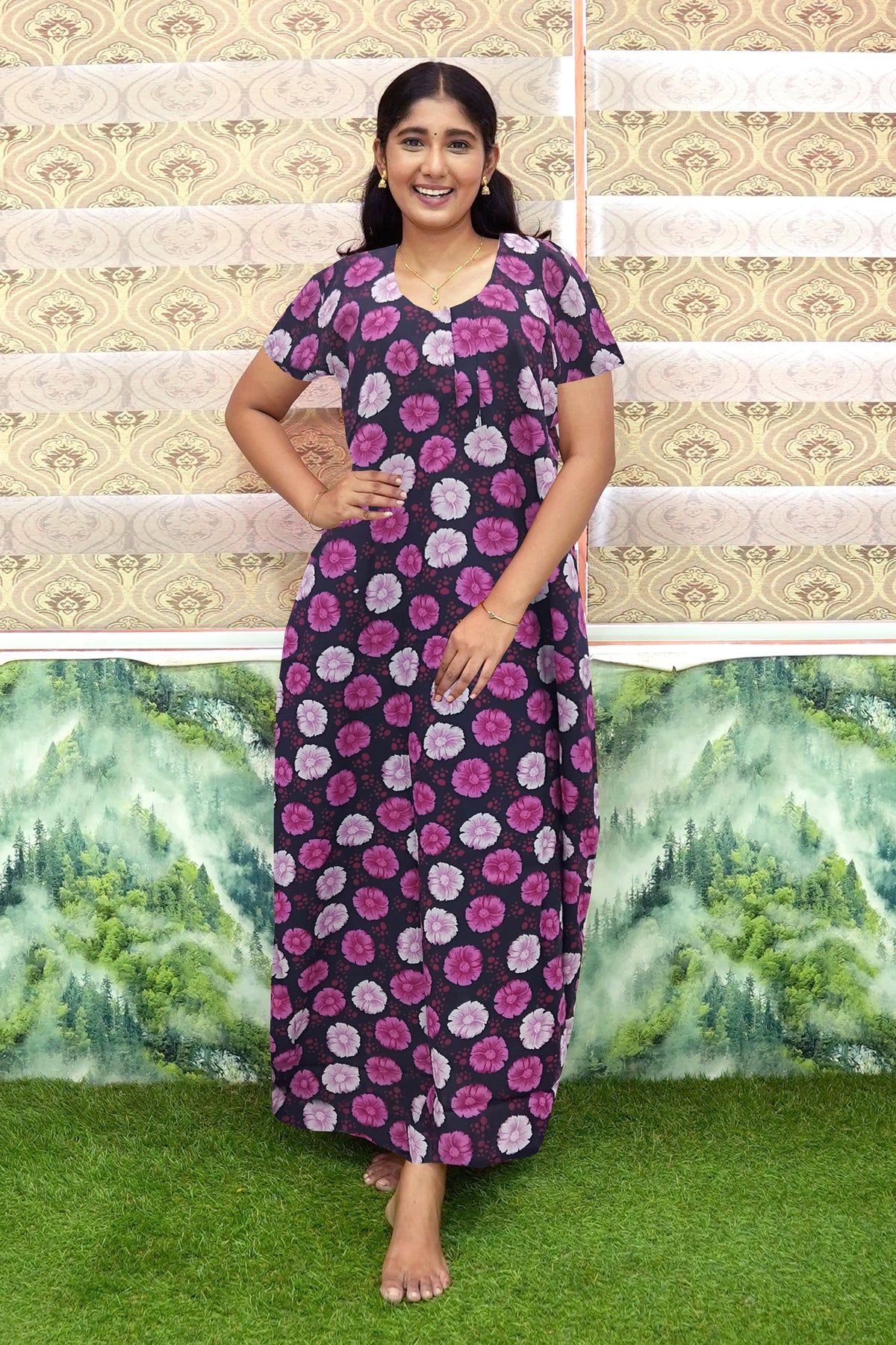 MANGAI Daily Wear Casual Comfort Fit Cotton Printed Nighties | Front Open Zipper Model | Fancy Round Neck with Side Pocket Cotton Nighties (DRN)