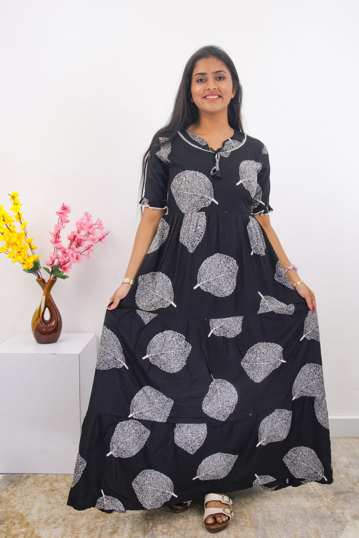 Mangai 3 Layer Frock Model Nighties Soft and Smooth Premium Quality Rayon Material , Fancy Frilled Sleeve, Side Pocket , Back tie Rope , Stylish Collection's for Trendy Women's (MRK)