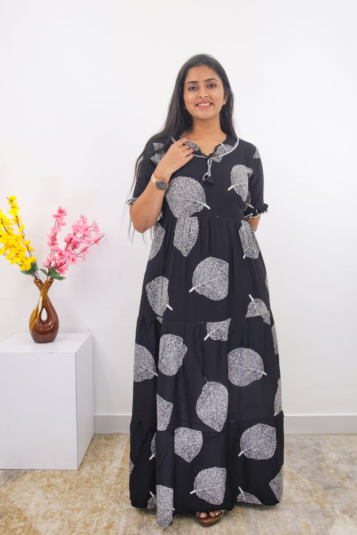 Mangai 3 Layer Frock Model Nighties Soft and Smooth Premium Quality Rayon Material , Fancy Frilled Sleeve, Side Pocket , Back tie Rope , Stylish Collection's for Trendy Women's (MRK)