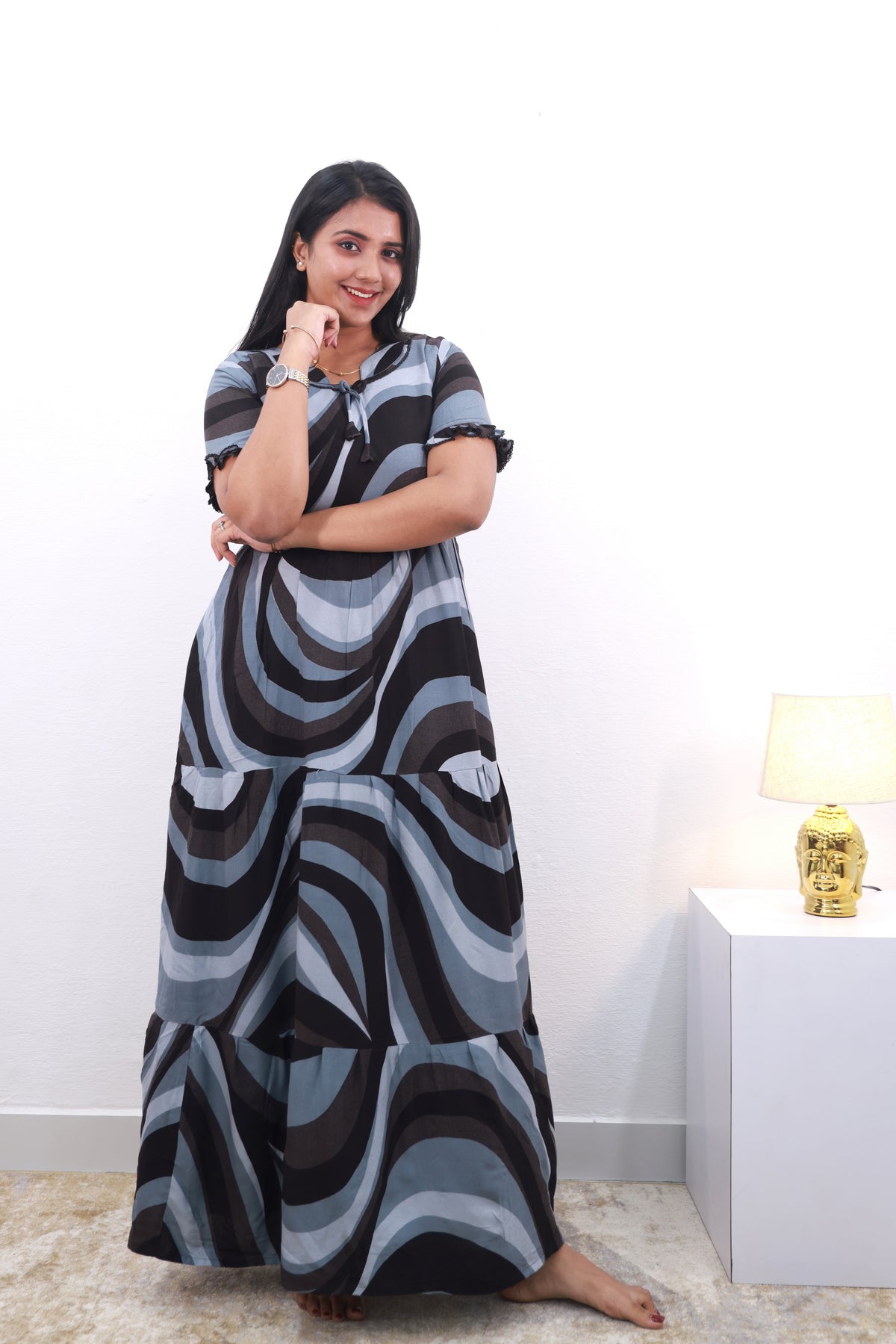 Mangai 3 Layer Frock Model Nighties Soft and Smooth Premium Quality Rayon Material , Fancy Frilled Sleeve Side Pocket , Back tie Rope Stylish Collection's for Trendy Women's (MRK)