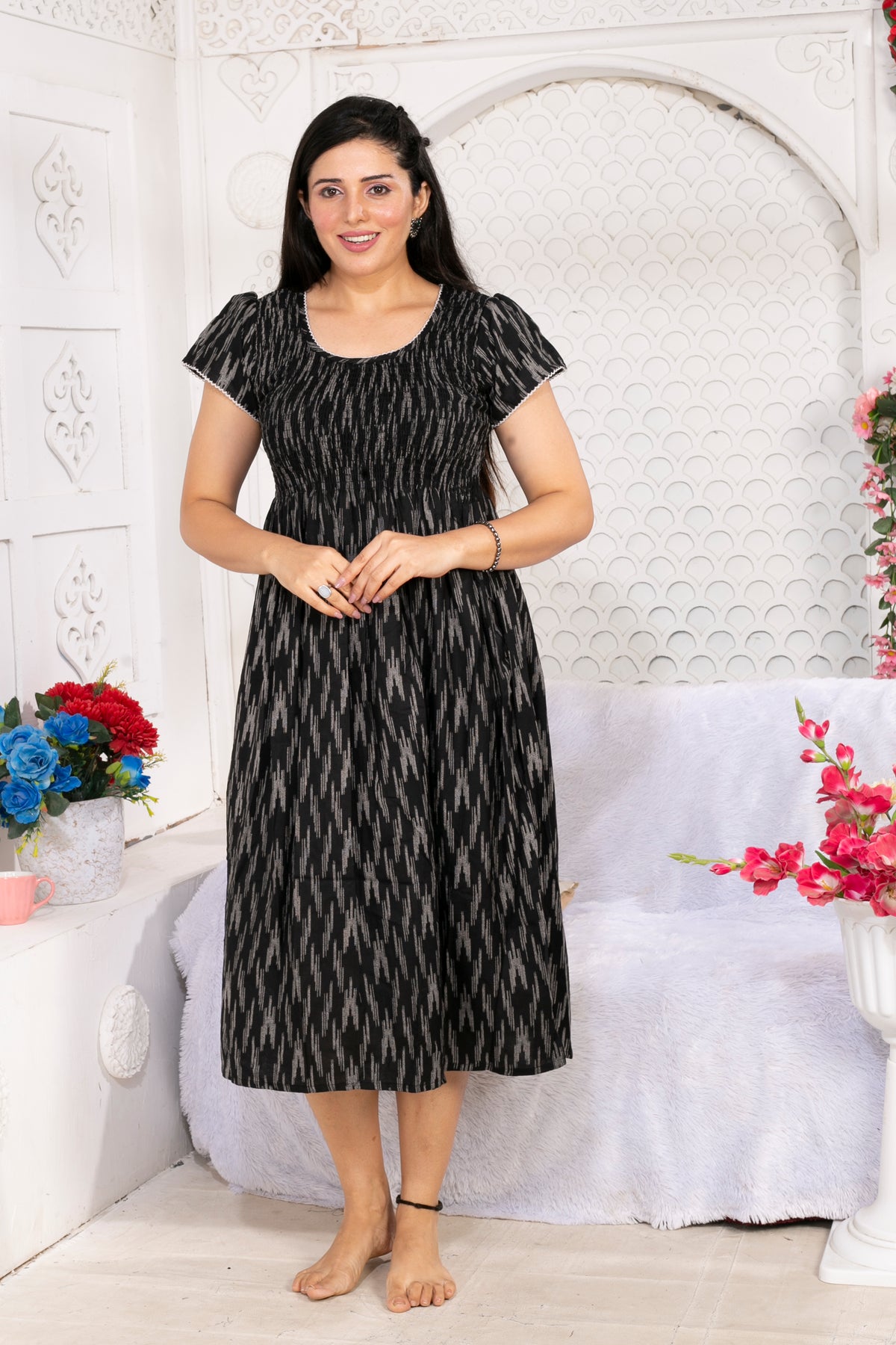 Alpine Smocking Maxi Frock Model Nightgown for Trendy Women's & Teenage Girl's | Stretchable Comfort to Body Fit | Side Pocket & Stylish Round Neck MAXI Gown for Women's Teenage Girl's (ASM)