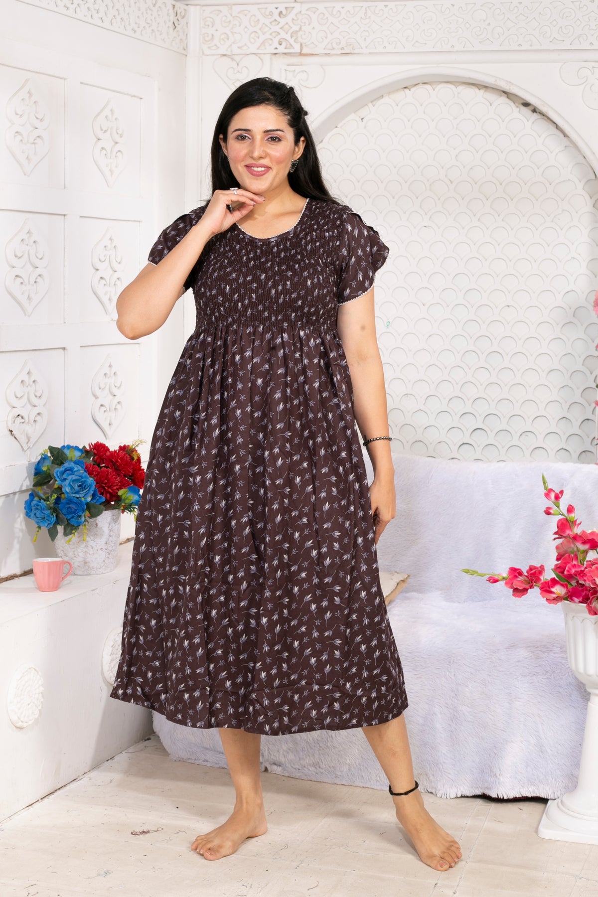 Alpine Smocking Maxi Frock Model Nightgown for Trendy Women's & Teenage Girl's | Stretchable Comfort to Body Fit | Side Pocket & Stylish Round Neck MAXI Gown for Women's Teenage Girl's (ASM)