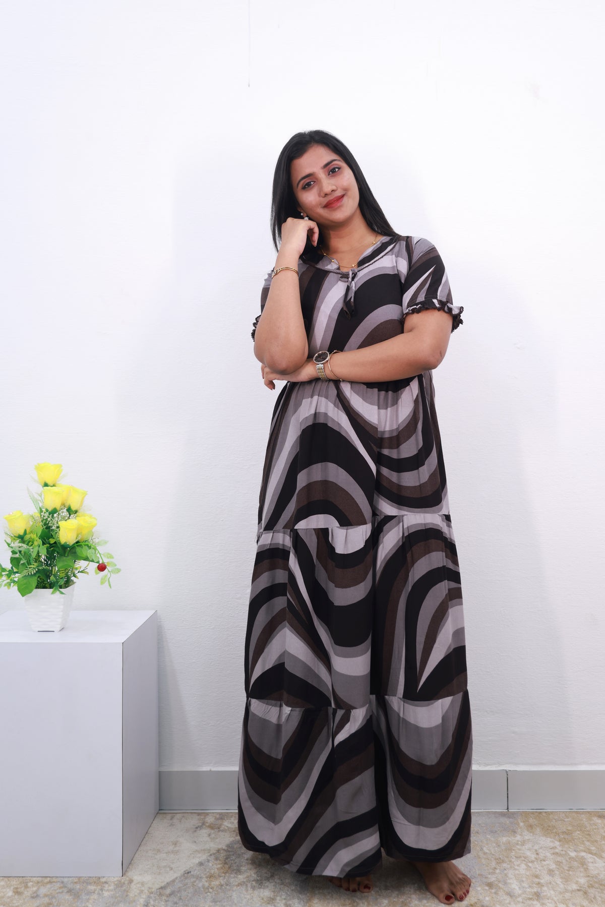 Mangai 3 Layer Frock Model Nighties Soft and Smooth Premium Quality Rayon Material , Fancy Frilled Sleeve Side Pocket , Back tie Rope Stylish Collection's for Trendy Women's (MRK)