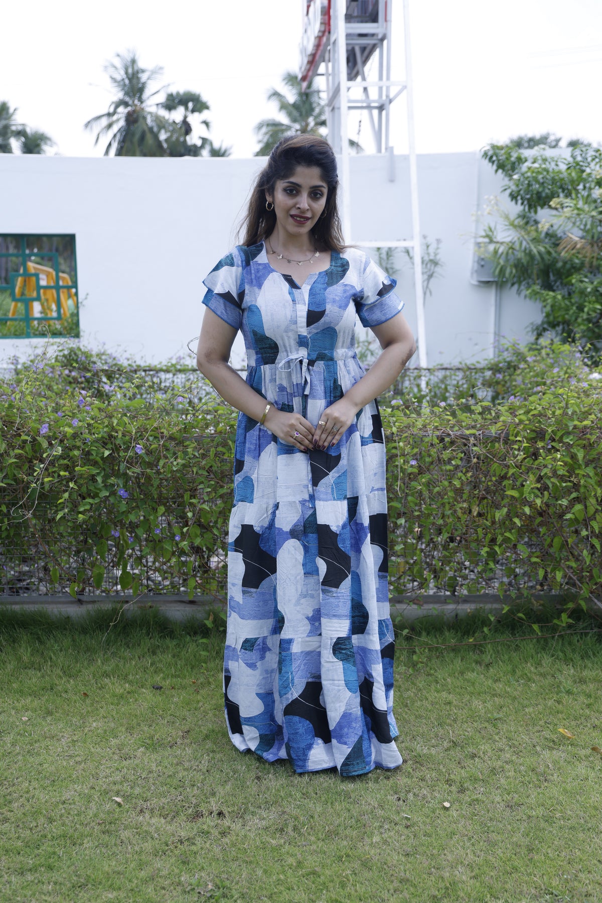 MANGAI Stylish Arrivals Rayon Gathering Frock Model Night Gown's | Adjustable Rope | Front and Back Frock Style | Double Layer Sleeve | Trending Collection's for Stylish Women's (GFK)