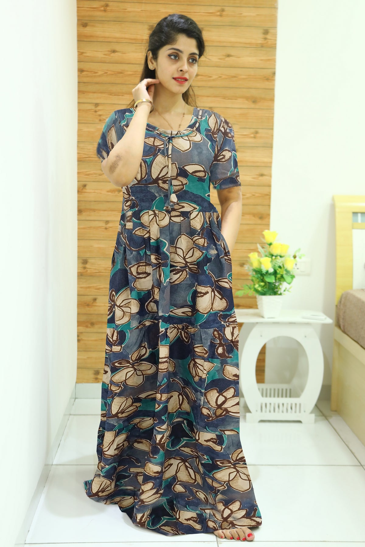 Stylish new FULL FROCK Model Nighties| Fancy Sleeves & Neck Pattern| Side Pocket with Back Tie Rope | Perfect Nightwear Trendy Women's (FRK)