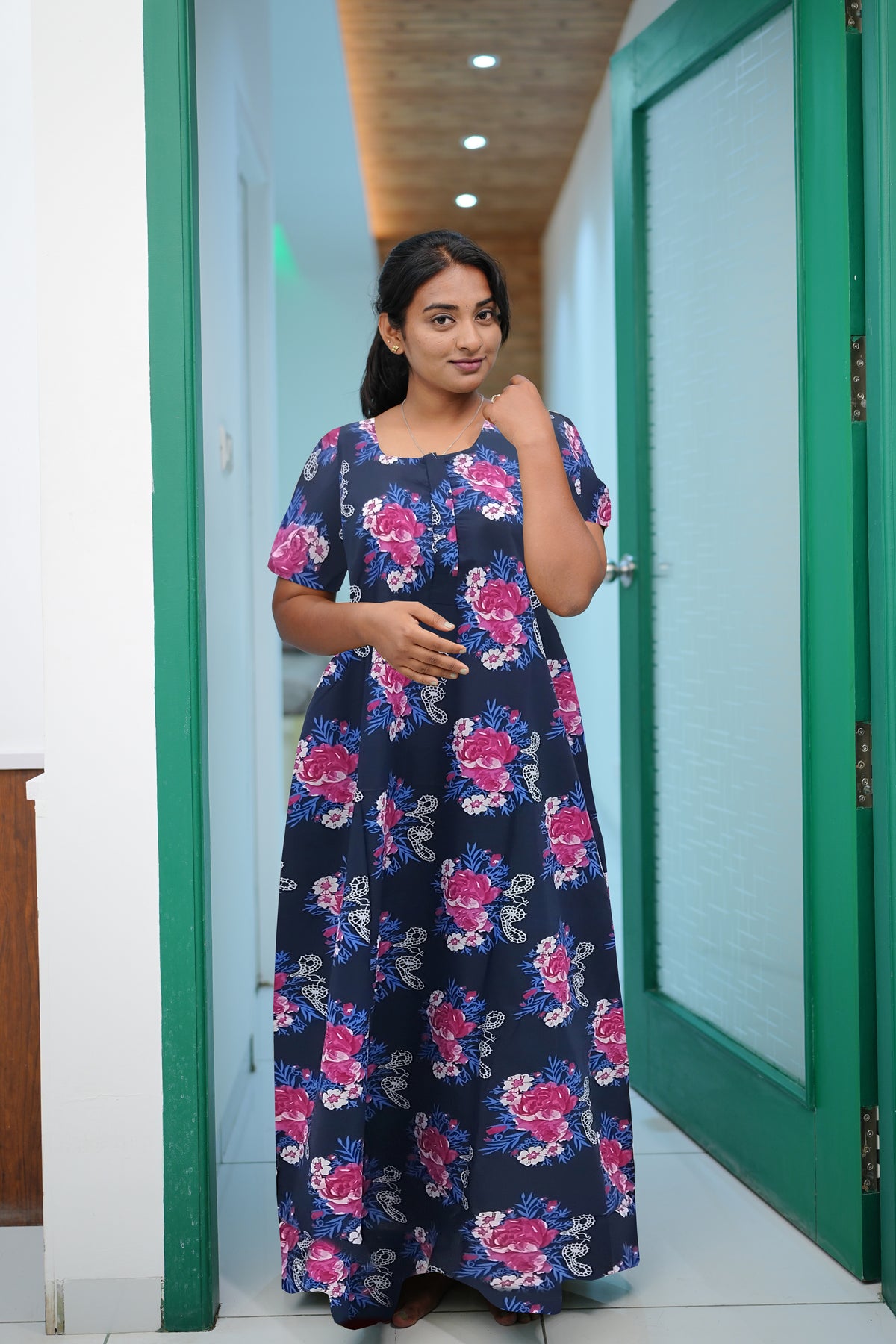 MANGAI Daily Wear Casual Comfort Fit Cotton Printed Nighties | Front Open Zipper Model | Fancy Round Neck with Side Pocket Cotton Nighties (DRN)