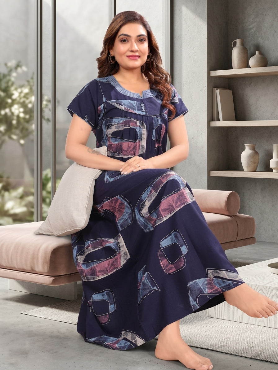 Women's Rayon Pleated Zipless Nighty – Modern Geometric Print Nightwear with Fancy Stitched Neck & Side Pocket - Moisture-wicking Loungewear
