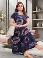 Women's Rayon Pleated Zipless Nighty – Modern Geometric Print Nightwear with Fancy Stitched Neck & Side Pocket - Moisture-wicking Loungewear