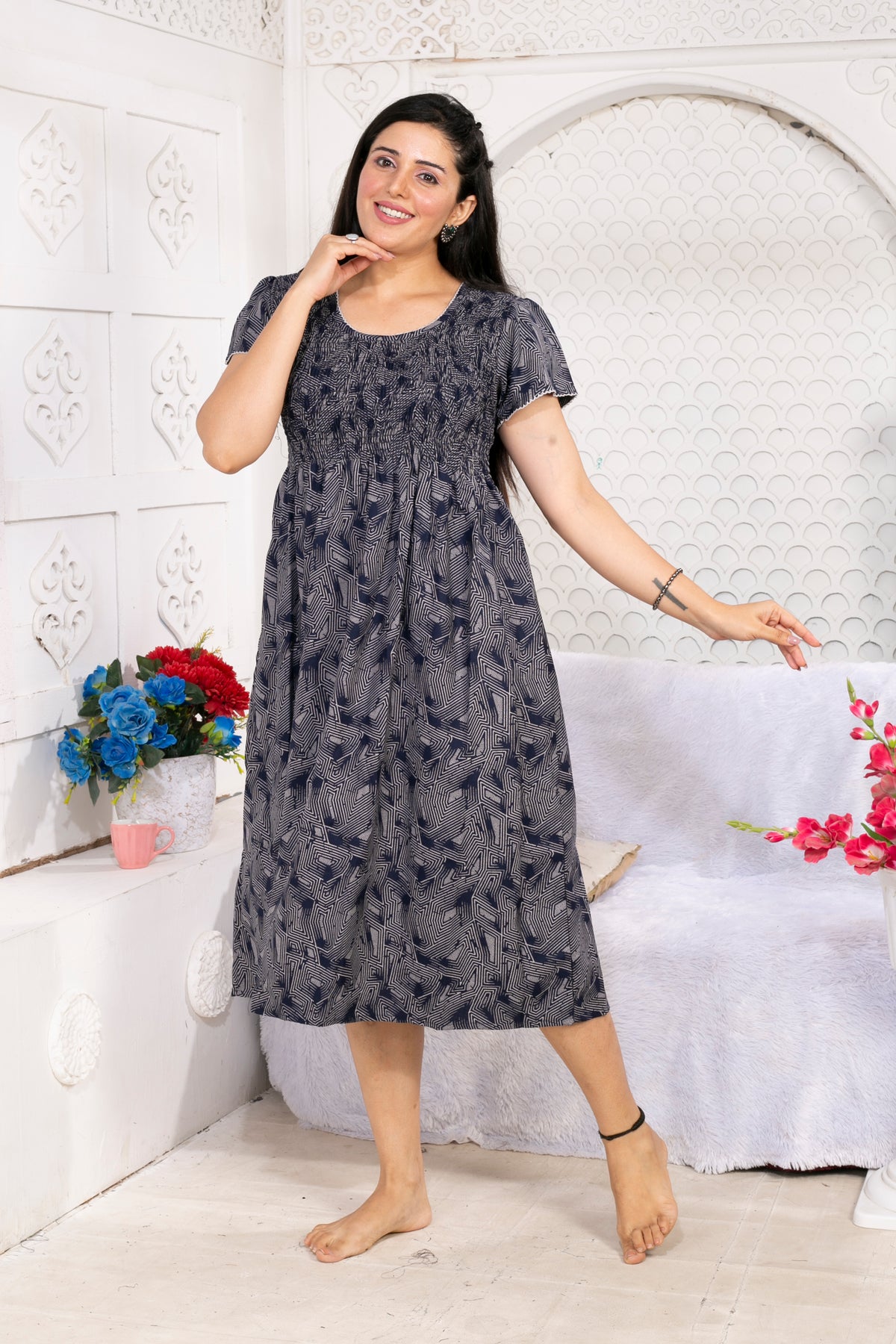 Alpine Smocking Maxi Frock Model Nightgown for Trendy Women's & Teenage Girl's | Stretchable Comfort to Body Fit | Side Pocket & Stylish Round Neck MAXI Gown for Women's Teenage Girl's (ASM)