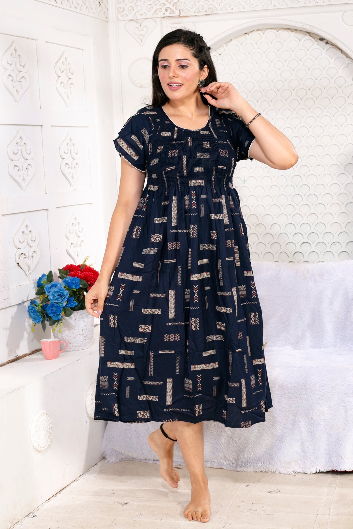 Alpine Smocking Maxi Frock Model Nightgown for Trendy Women's & Teenage Girl's | Stretchable Comfort to Body Fit | Side Pocket & Stylish Round Neck MAXI Gown for Women's Teenage Girl's (ASM)