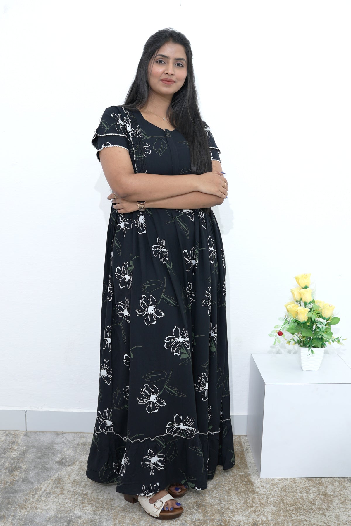 MANGAI Rayon Frock Nighties | Front Open Lengthy Zipper Comforts Feeding | Fancy Double Layered Sleeve's | Post & Pre Pregnancy's and Casual Wear | Side Pocket |Versatile Rayon Frock Night Gown's for Stylish Women's (RPW)