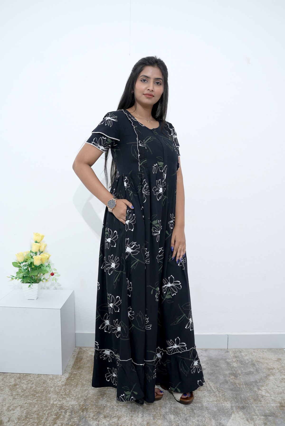 MANGAI Rayon Frock Nighties | Front Open Lengthy Zipper Comforts Feeding | Fancy Double Layered Sleeve's | Post & Pre Pregnancy's and Casual Wear | Side Pocket |Versatile Rayon Frock Night Gown's for Stylish Women's (RPW)