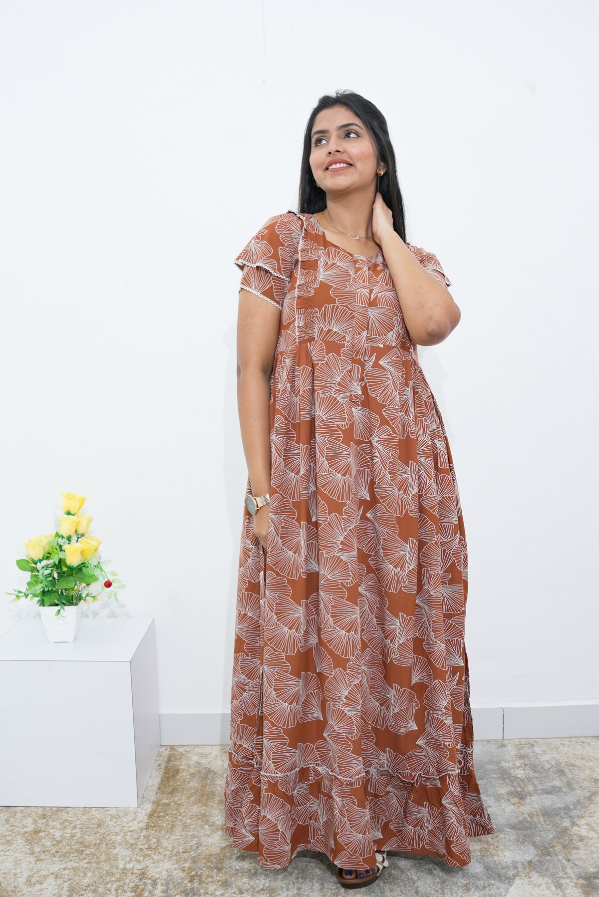 MANGAI Rayon Frock Nighties | Front Open Lengthy Zipper Comforts Feeding | Fancy Double Layered Sleeve's | Post & Pre Pregnancy's and Casual Wear | Side Pocket |Versatile Rayon Frock Night Gown's for Stylish Women's (RPW)