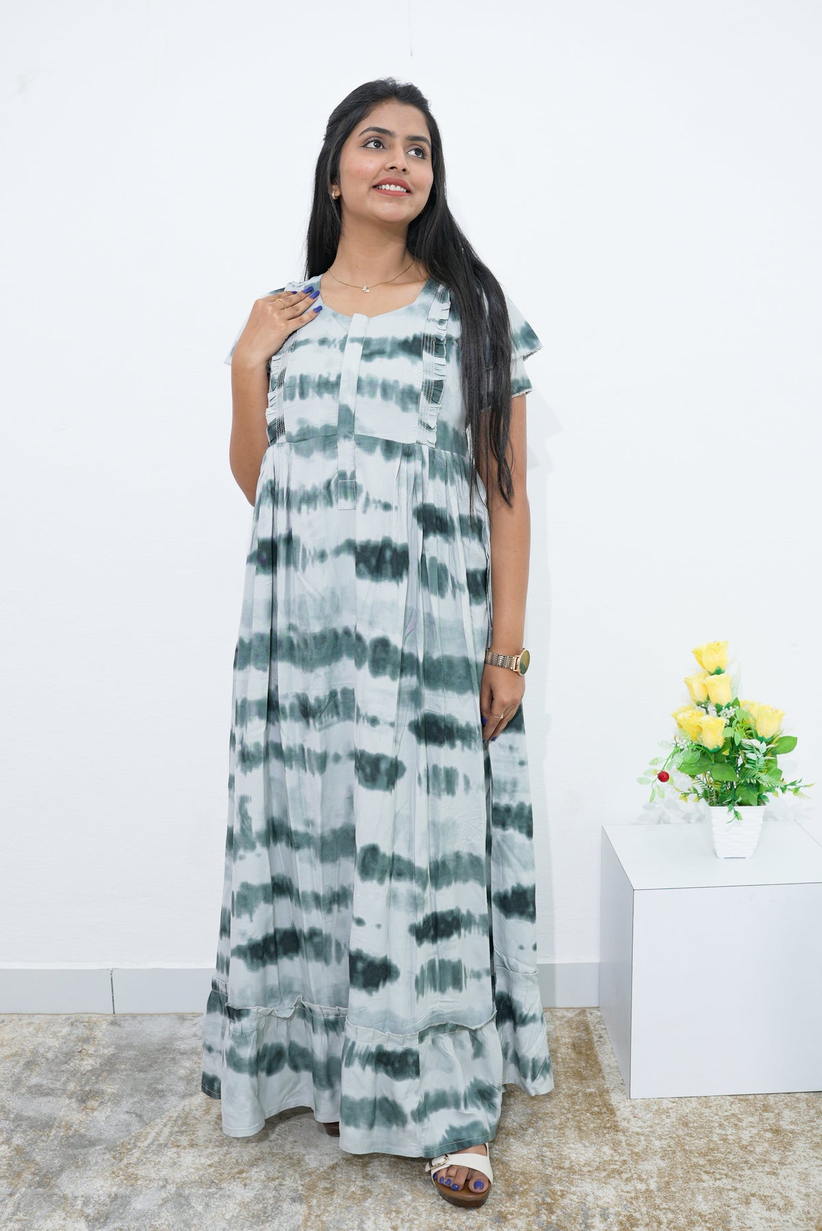 MANGAI Rayon Frock Nighties | Front Open Lengthy Zipper Comforts Feeding | Fancy Double Layered Sleeve's | Post & Pre Pregnancy's and Casual Wear | Side Pocket |Versatile Rayon Frock Night Gown's for Stylish Women's (RPW)