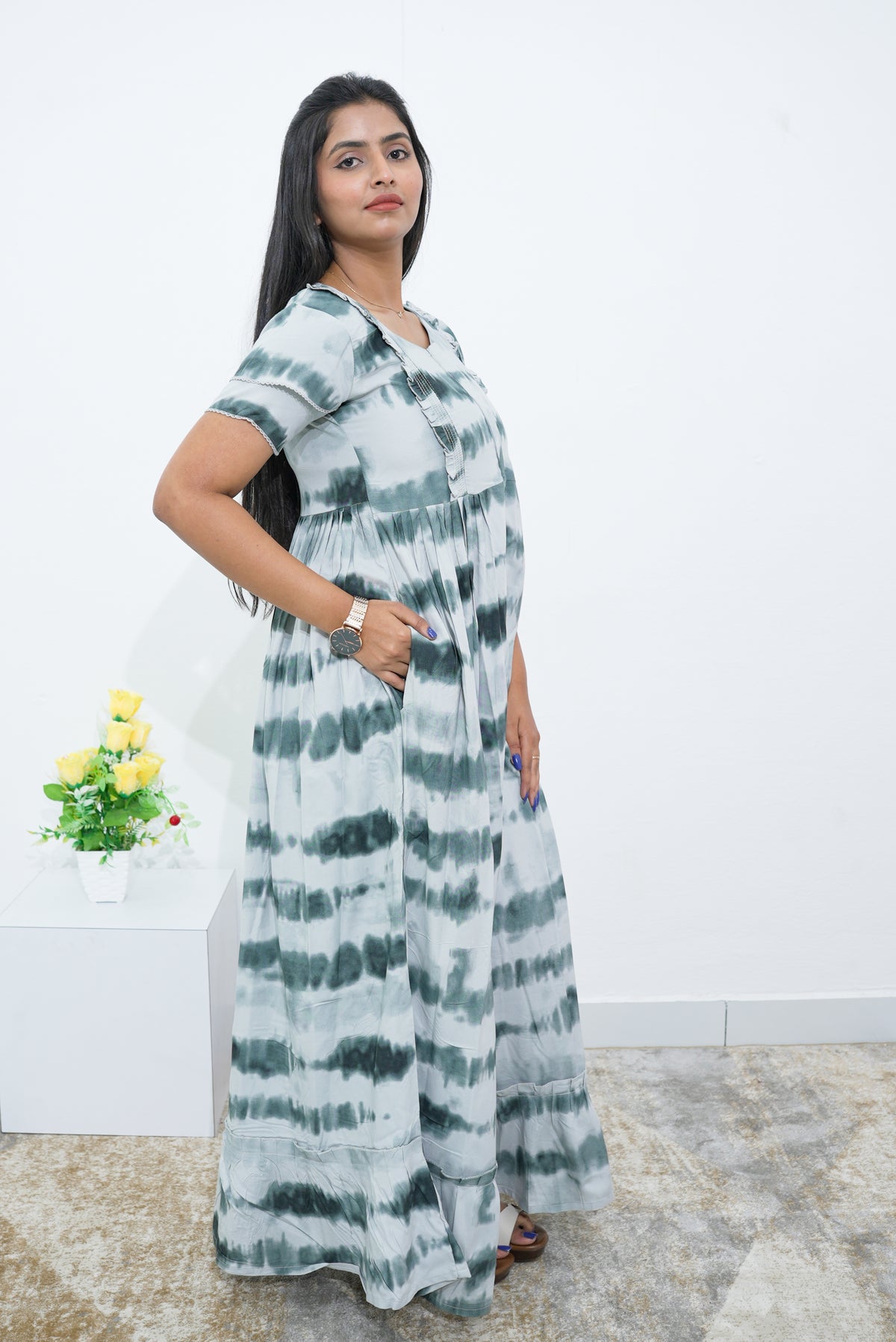 MANGAI Rayon Frock Nighties | Front Open Lengthy Zipper Comforts Feeding | Fancy Double Layered Sleeve's | Post & Pre Pregnancy's and Casual Wear | Side Pocket |Versatile Rayon Frock Night Gown's for Stylish Women's (RPW)