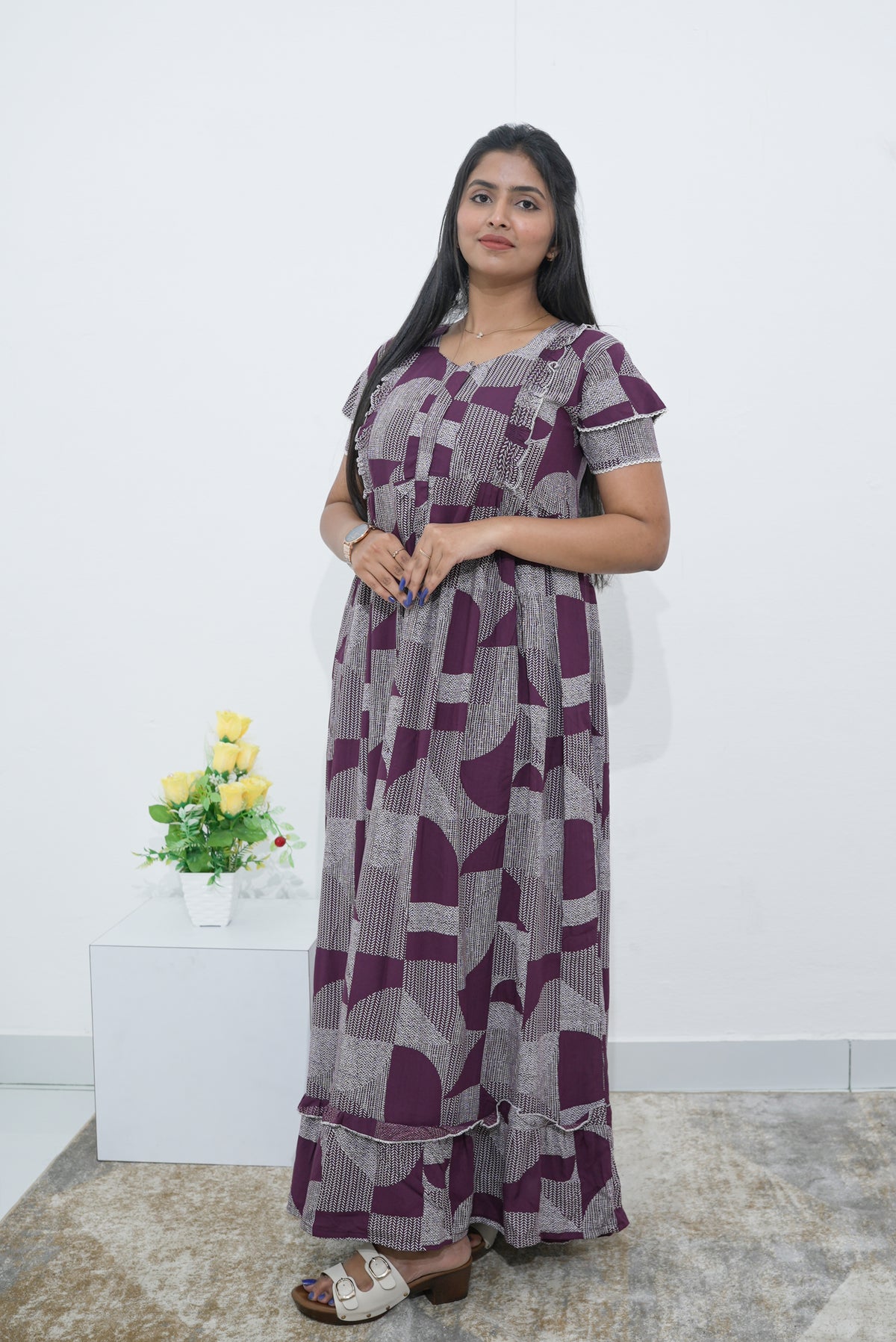 MANGAI Rayon Frock Nighties | Front Open Lengthy Zipper Comforts Feeding | Fancy Double Layered Sleeve's | Post & Pre Pregnancy's and Casual Wear | Side Pocket |Versatile Rayon Frock Night Gown's for Stylish Women's (RPW) (