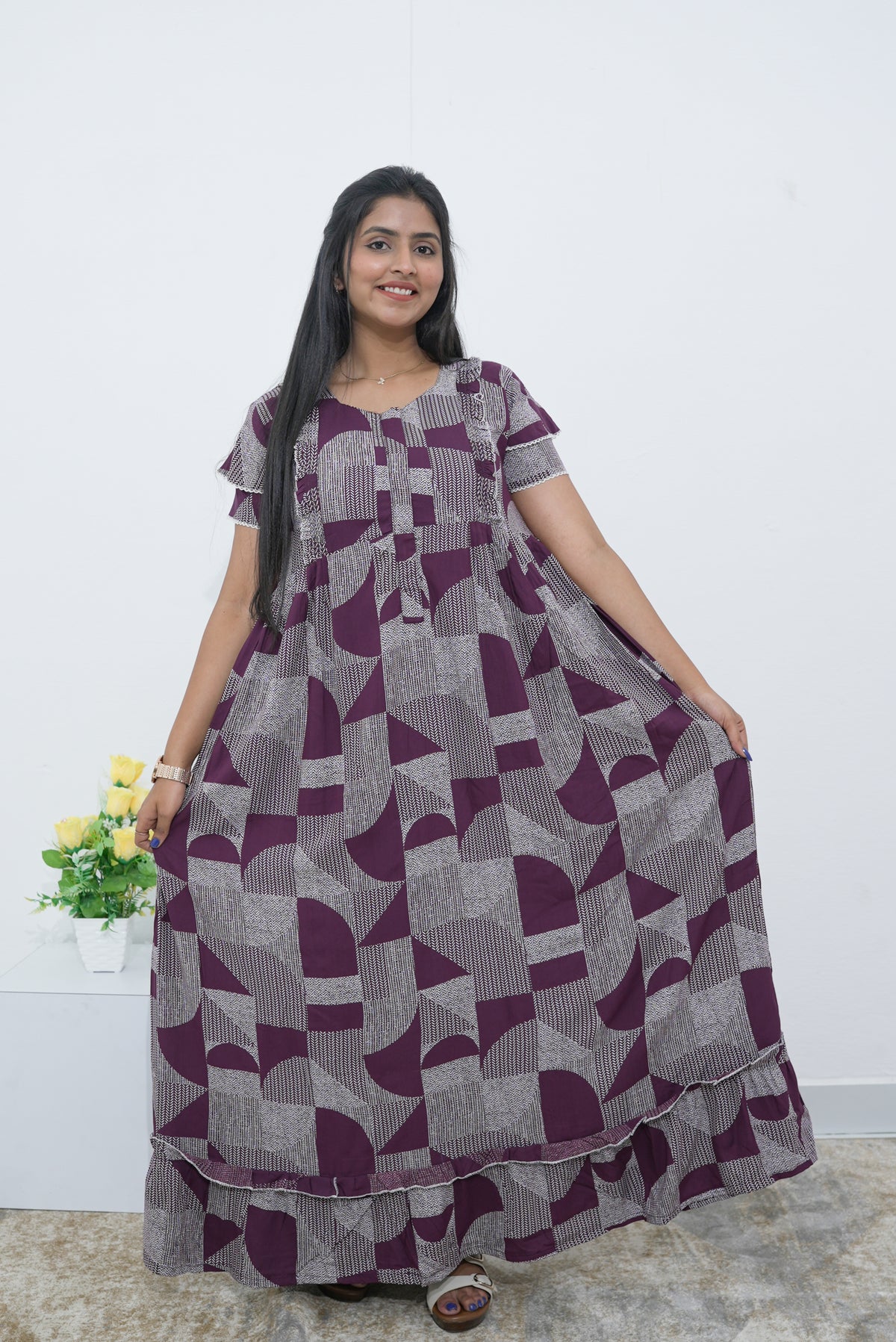 MANGAI Rayon Frock Nighties | Front Open Lengthy Zipper Comforts Feeding | Fancy Double Layered Sleeve's | Post & Pre Pregnancy's and Casual Wear | Side Pocket |Versatile Rayon Frock Night Gown's for Stylish Women's (RPW) (