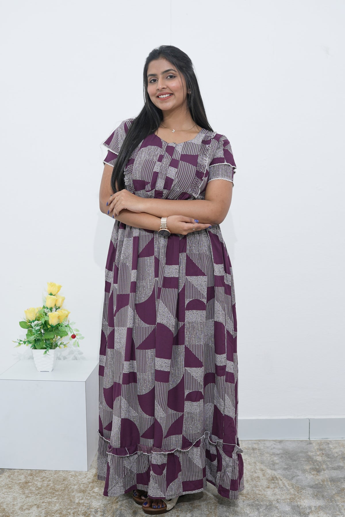 MANGAI Rayon Frock Nighties | Front Open Lengthy Zipper Comforts Feeding | Fancy Double Layered Sleeve's | Post & Pre Pregnancy's and Casual Wear | Side Pocket |Versatile Rayon Frock Night Gown's for Stylish Women's (RPW) (